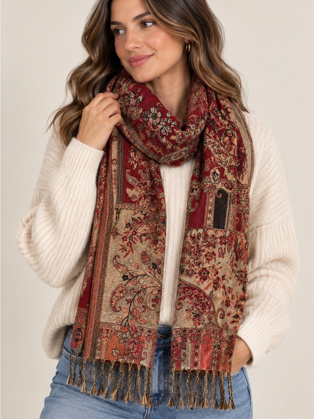 Paisley Print Fringe Scarf in Gold, Rust, Burgundy and Tan